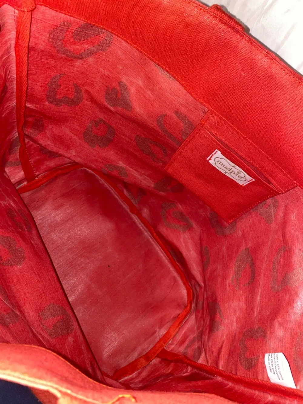 Mud Pie Large Red Tote/Small Bag Combo w/ Gold Leopard Print and Pom-Pom Accents